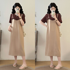 批发实拍大码女装拼接木耳边假两件钉珠吊带休闲显瘦减龄<b class='q'>连衣裙</b>