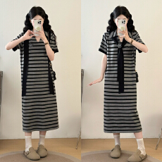 批发实拍大码女装条纹长款直筒显瘦<b class='q'>连衣裙</b>+领结披肩两件套