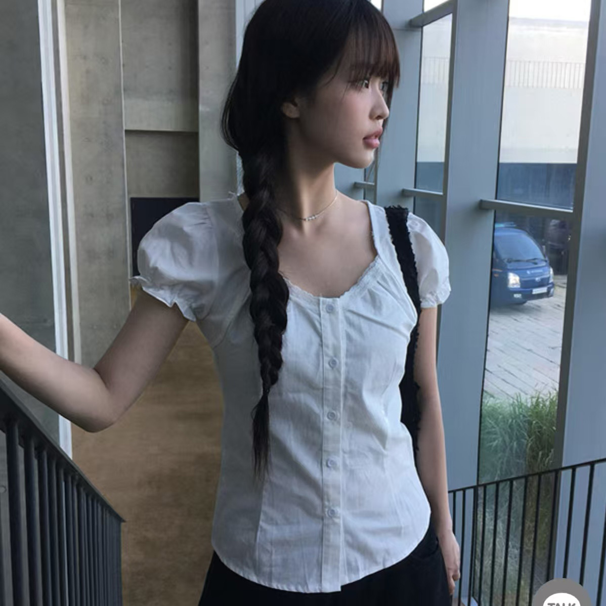 재고 있음 한국 보 주님 같은 단락 프랑스식 달콤함 작은 키 여성 셔츠 여름 몸매 가꾸기 슬림해 보이는 반팔 맨위