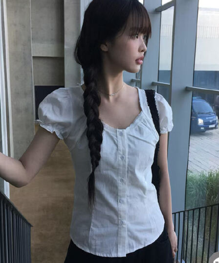재고 있음 한국 보 주님 같은 단락 프랑스식 달콤함 작은 키 여성 셔츠 여름 몸매 가꾸기 슬림해 보이는 반팔 맨위