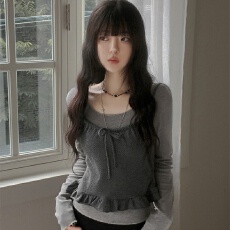 批发韩系温柔搭配一整套女木耳边修身百搭波点吊带<b class='q'>T</b><b class='q'>恤</b>两件套