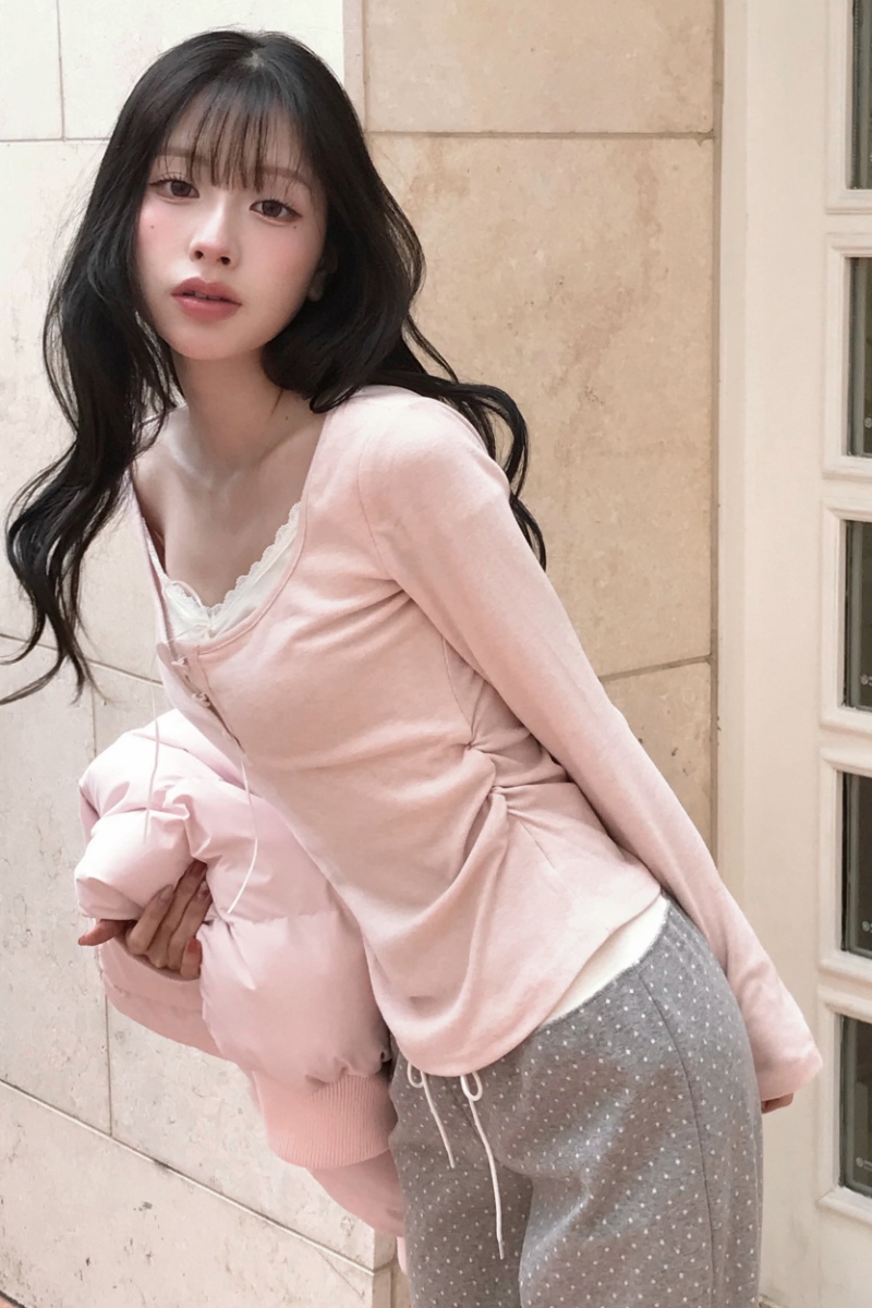 재고 있음 발레 바람 순수한 욕망 부드러운 찹쌀 나비 매듭 긴팔 기본 셔츠 페이크 레이어드