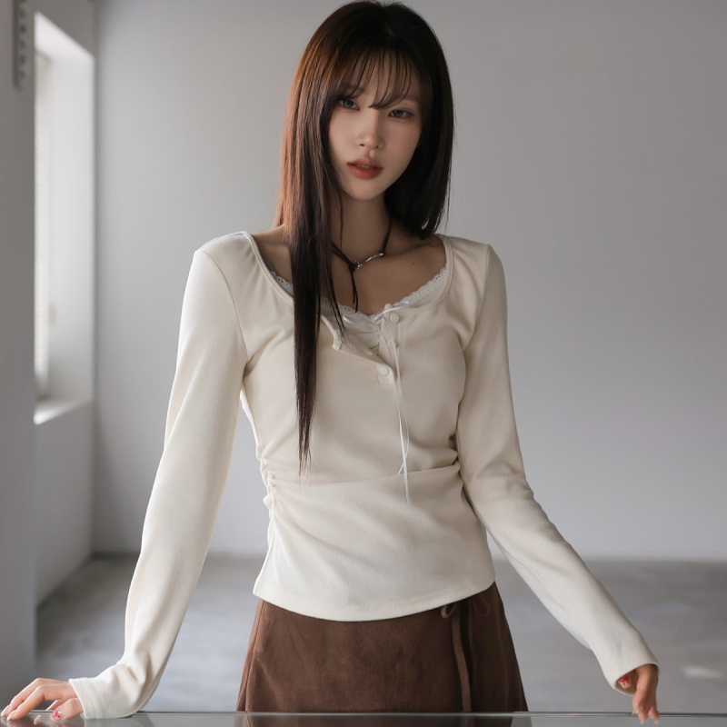재고 있음 발레 바람 순수한 욕망 부드러운 찹쌀 나비 매듭 긴팔 기본 셔츠 페이크 레이어드