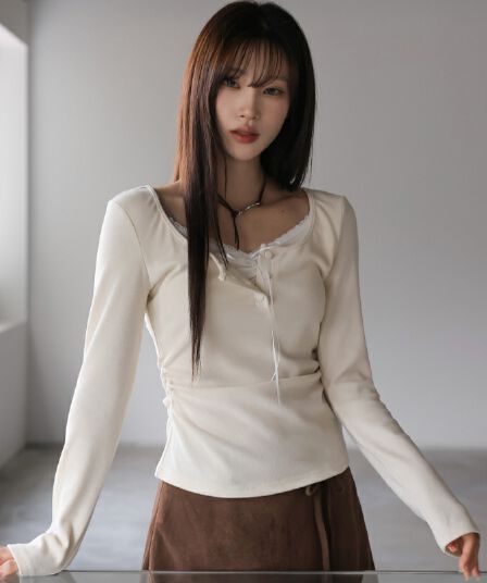 재고 있음 발레 바람 순수한 욕망 부드러운 찹쌀 나비 매듭 긴팔 기본 셔츠 페이크 레이어드