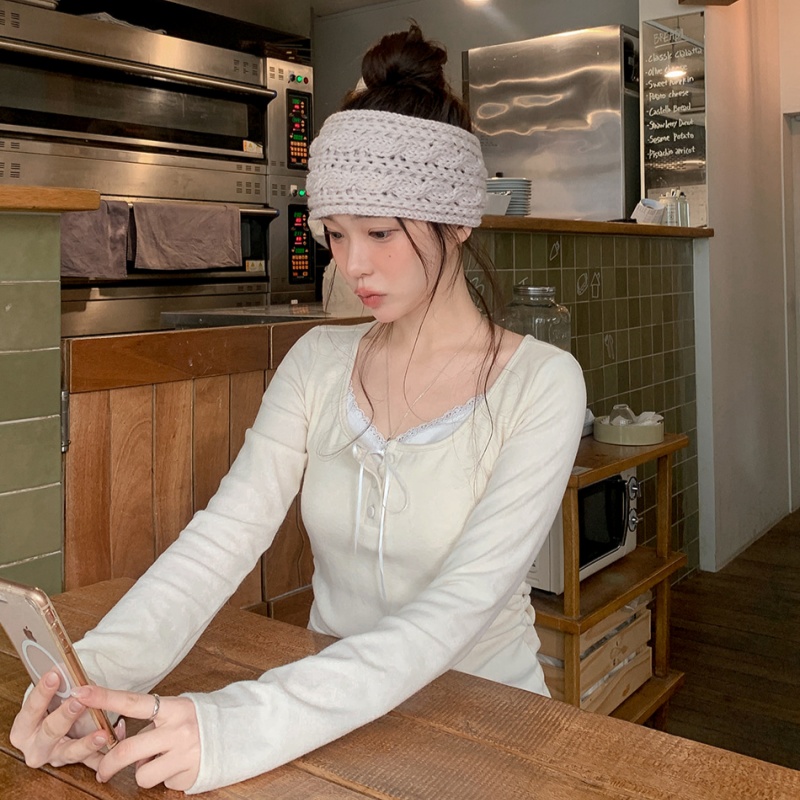재고 있음 발레 바람 순수한 욕망 부드러운 찹쌀 나비 매듭 긴팔 기본 셔츠 페이크 레이어드