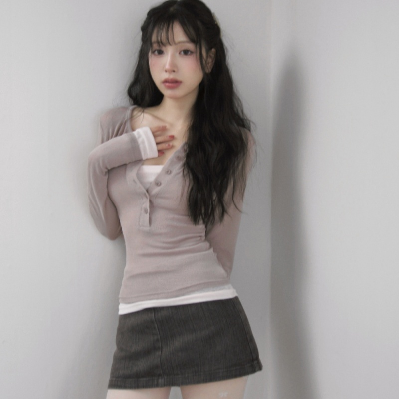 재고 있음 페이크 레이어드 감기 센스 부드럽다 패치워크 색상 이중층 기본 셔츠 티셔츠