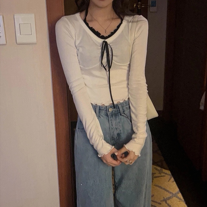 행침 목 페이크 레이어드 패치워크 배색 쇼트 스타일 긴팔 기본 셔츠 티셔츠