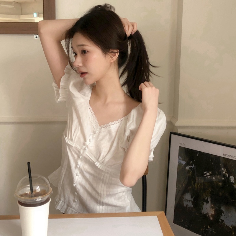 한 부서 여름 프릴 레이스 거품 소매 몸매 가꾸기 슬림해 보이는 반팔 셔츠