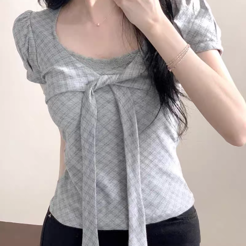 작은 대중 가슴 나비 매듭 체크무늬 달콤함 반팔 셔츠