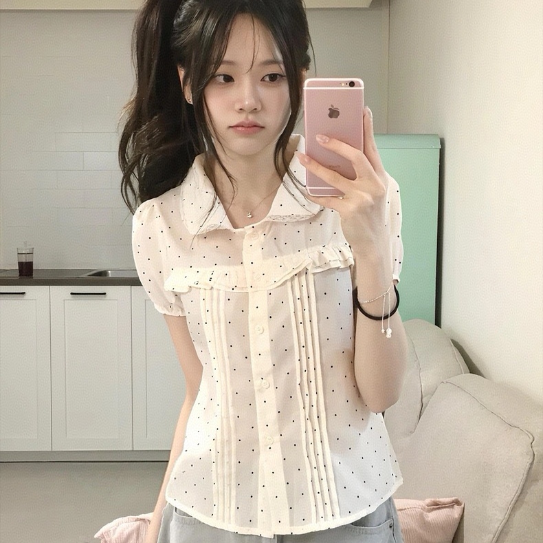 한국 작은 대중 한 여성 꽃무늬 도트 무늬 레이스 소녀 프릴 반팔 셔츠