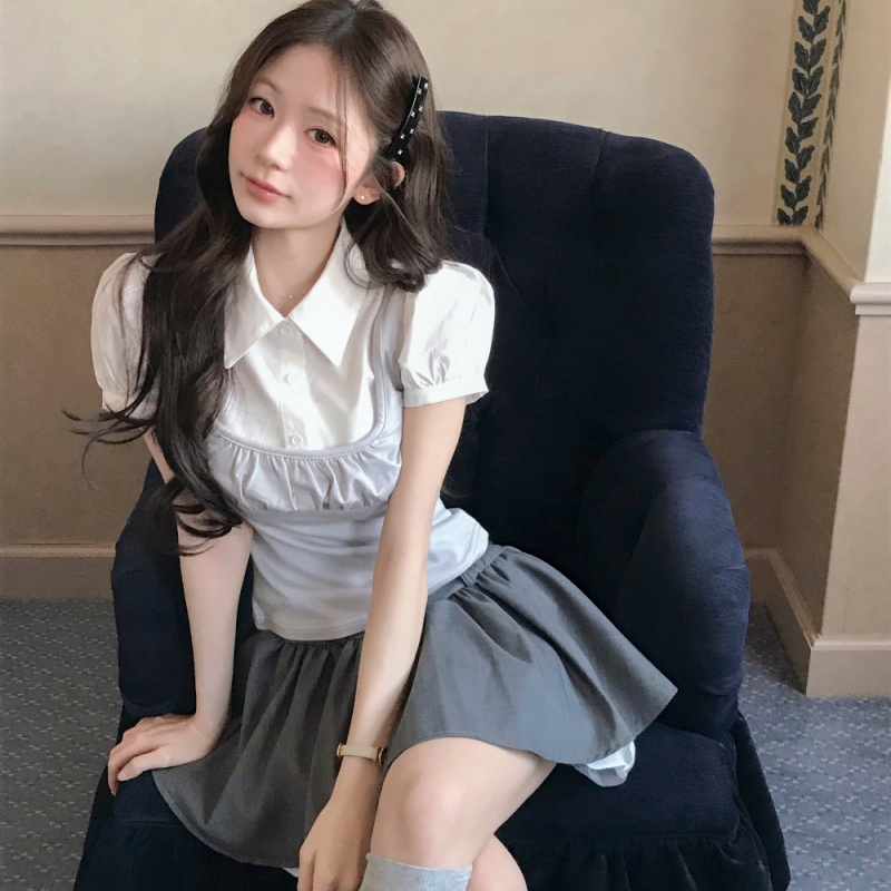 거품 소매 패치워크 페이크 레이어드 달콤한 자매 착용 가져 가라. 기타 소녀 센스 화이트 반팔 셔츠