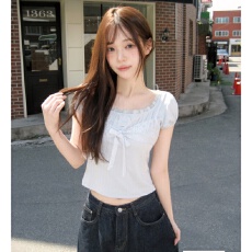 批发夏装新款甜美蝴蝶结蕾丝泡泡袖<b class='q'>T</b><b class='q'>恤</b>假两件设计感上衣