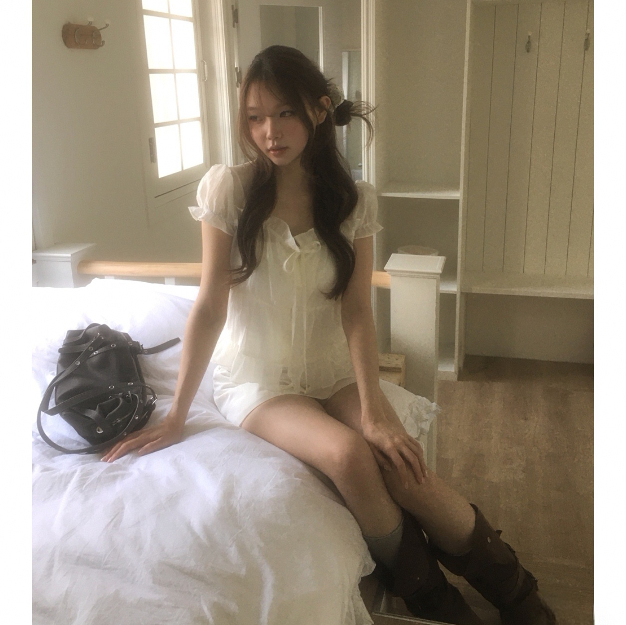 한 부서 작은 대중 프릴 반팔 여성 셔츠 싱글 줄 버튼 스트랩 여름 달콤함 짧은 맨위
