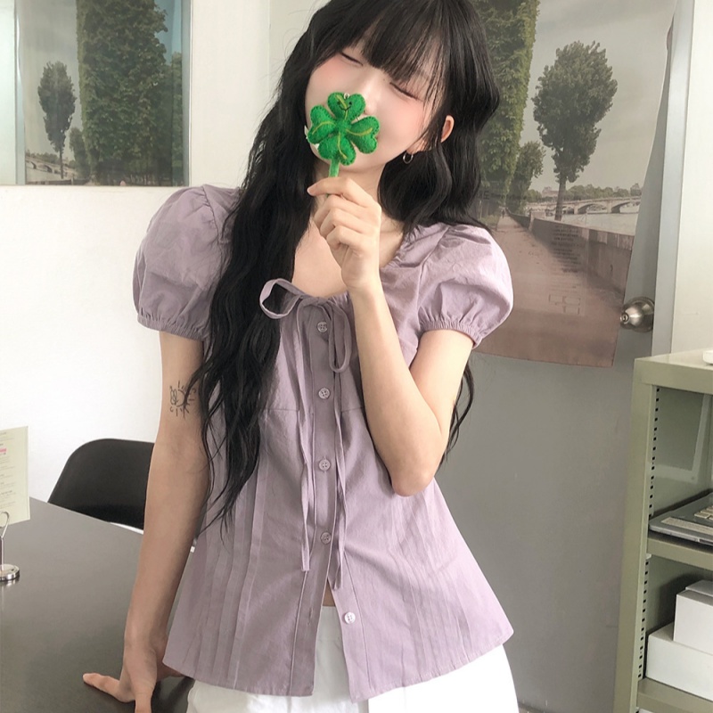 한국 보 주님 같은 단락 프랑스식 달콤함 작은 키 여성 셔츠 여름 몸매 가꾸기 슬림해 보이는 맨위