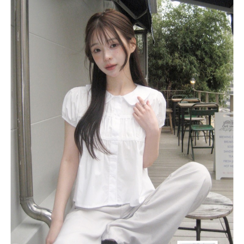 소녀 폴로 칼라 거품 소매 디자인 센스 품격 슬림해 보이는 반팔 셔츠
