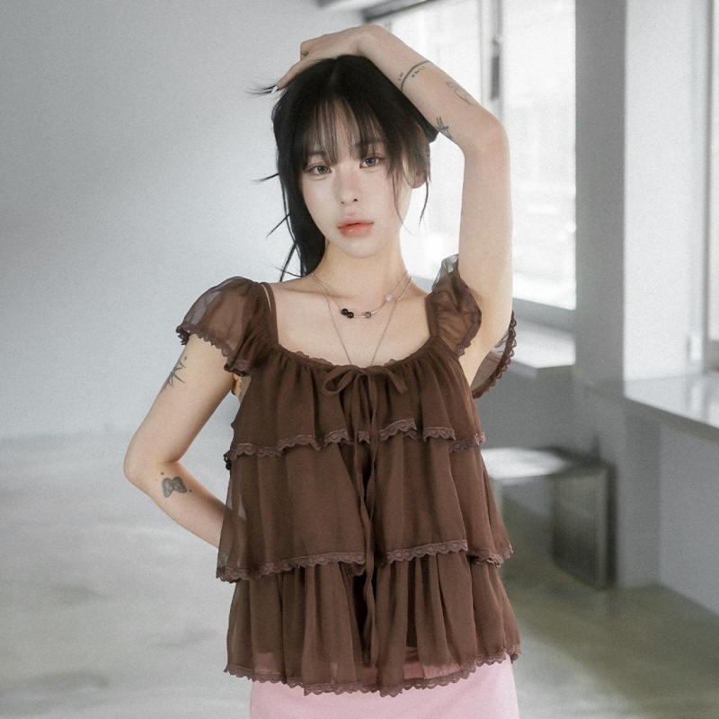 광장 칼라 프릴 작은 날다 소매 쉬폰 케이크 인형 셔츠 맨위