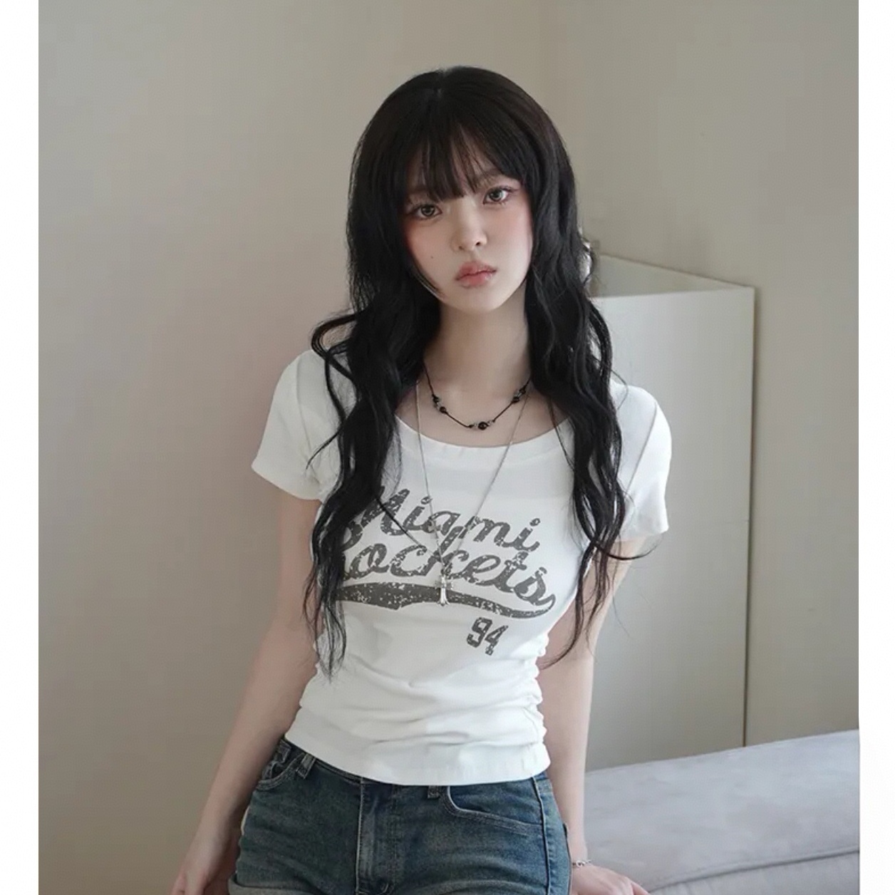 레트로 알파벳 몸매 가꾸기 프린트 반팔 티셔츠 달콤한 차가운 부서 핫걸 슬림해 보이는 다용도 쇼트 스타일 맨위
