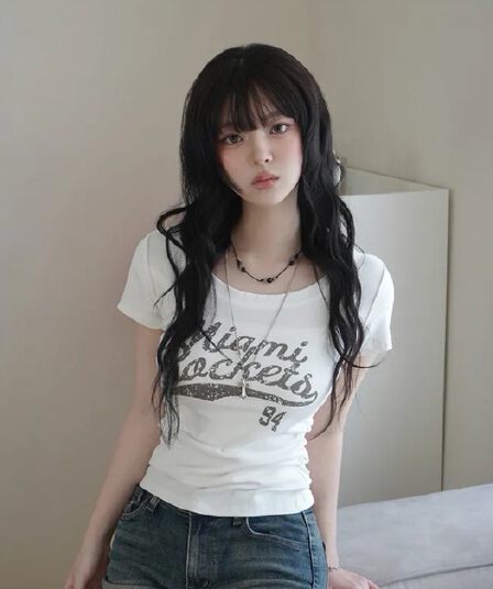 레트로 알파벳 몸매 가꾸기 프린트 반팔 티셔츠 달콤한 차가운 부서 핫걸 슬림해 보이는 다용도 쇼트 스타일 맨위