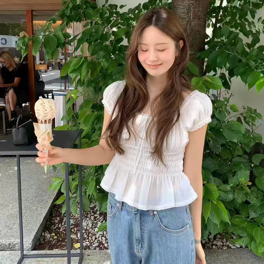 소녀 바람 레이스 레이스 패치워크 허리 수축 슬림해 보이는 쇼트 스타일 다용도 맨위