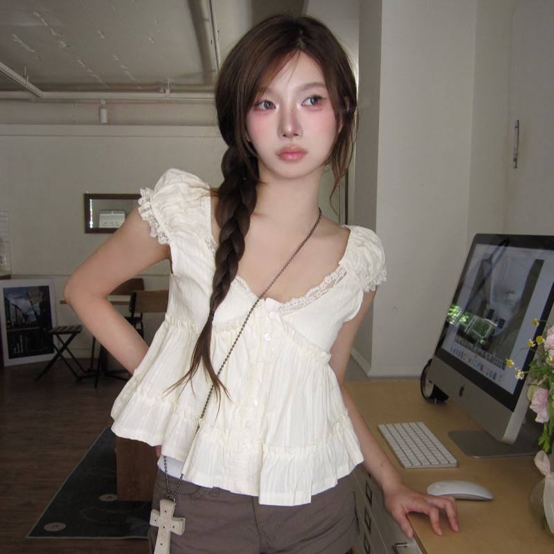 한 부서 달콤함 연령 감소 순수한 욕망 레이스 V넥 목이버섯 프릴 밑단 셔츠