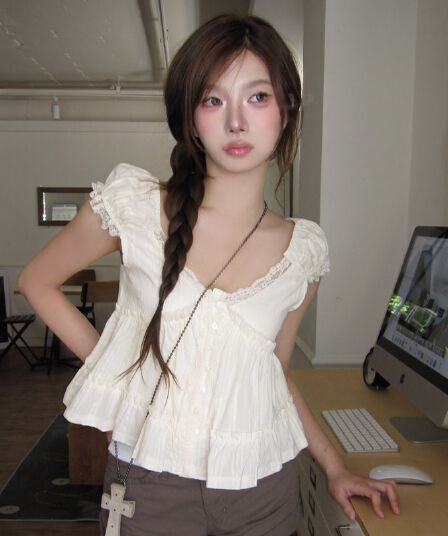 한 부서 달콤함 연령 감소 순수한 욕망 레이스 V넥 목이버섯 프릴 밑단 셔츠