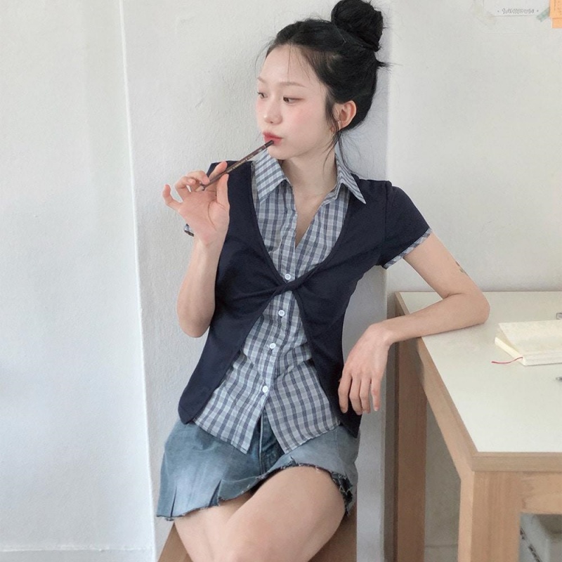 한 부서 학원 스타일 배색 반팔 몸매 가꾸기 패치워크 체크무늬 여성 셔츠