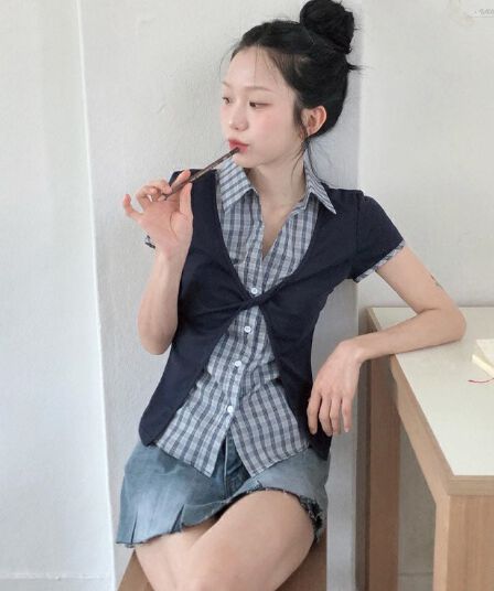 한 부서 학원 스타일 배색 반팔 몸매 가꾸기 패치워크 체크무늬 여성 셔츠