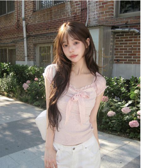 소녀 센스 레이스 나비 매듭 쇼트 스타일 반팔 티셔츠