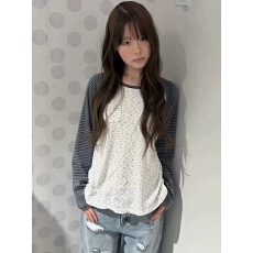 秋季新款条纹插肩袖韩系小碎花圆领修身长袖t恤上衣女
