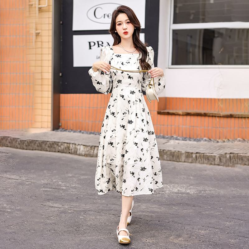 MY13923# 法式茶歇黑色长袖碎花连衣裙女秋季大码胖mm掐腰显瘦独特绝美长裙女裝貨源服裝批發