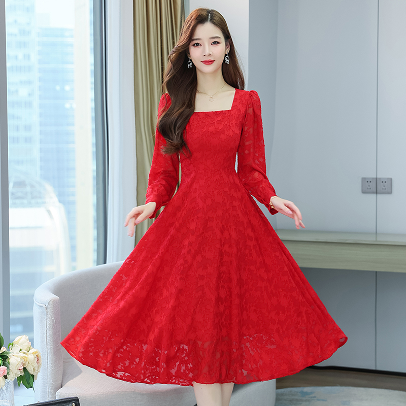 RY4183#大码法式v领碎花秋季连衣裙女新款微胖收腰显瘦长裙长袖裙子.