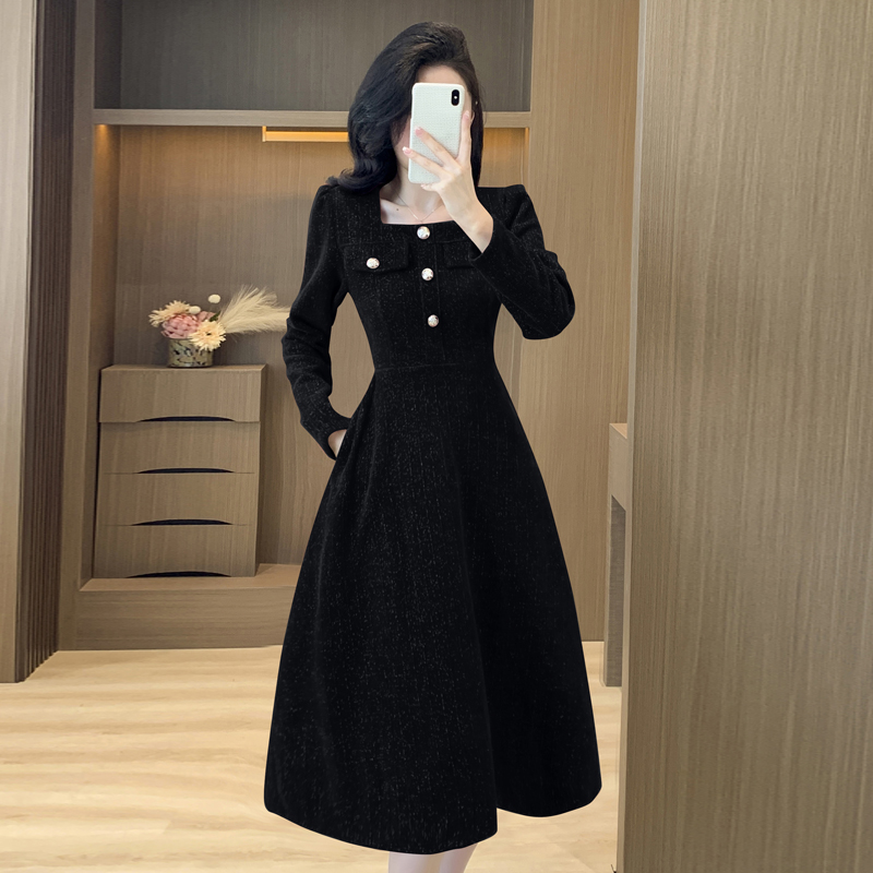 MY15068# 有口袋新年战袍小香风高级感连衣裙女大码小个子显瘦气质长裙...