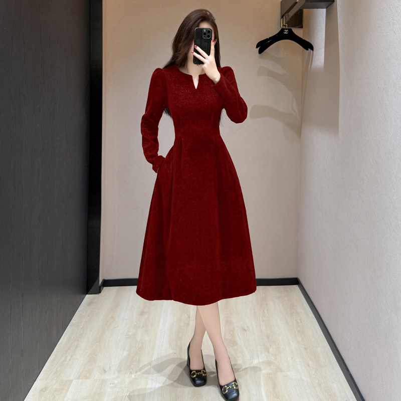 MY15066# 法式高级感雪尼尔连衣裙大码胖mm气质收腰显瘦打底长裙女裝...