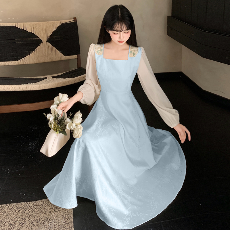 MY15065# 大码温柔风方领连衣裙蓝色法式裙子胖mm收腰显瘦气质a字裙...