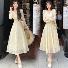 批发新款法式纯欲v领蕾丝千金风连衣裙女秋冬大码胖mm收腰显瘦蓬蓬仙.