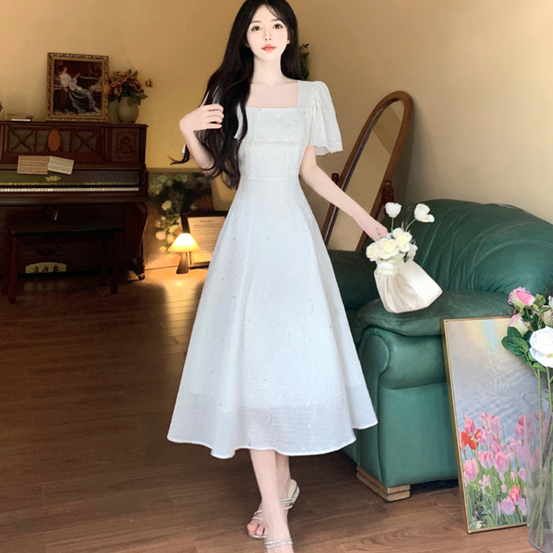 RY605# 桔梗法式白色泡泡袖收腰a字连衣裙女夏季超好看独特漂亮仙女裙子.
