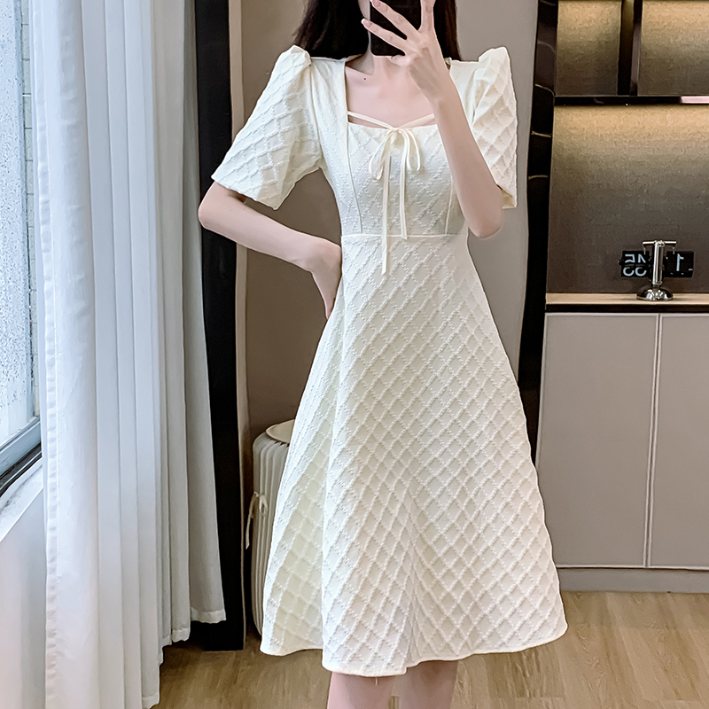 RY604# 大码法式减龄显白方领短袖连衣裙女夏季胖mm高腰梨形身材显瘦裙子