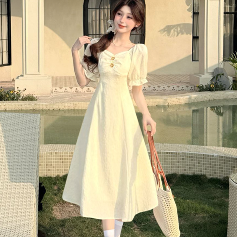 RY601# 新款清新微胖大码女装胖mm法式方领连衣裙女夏季收腰显瘦a字长裙.