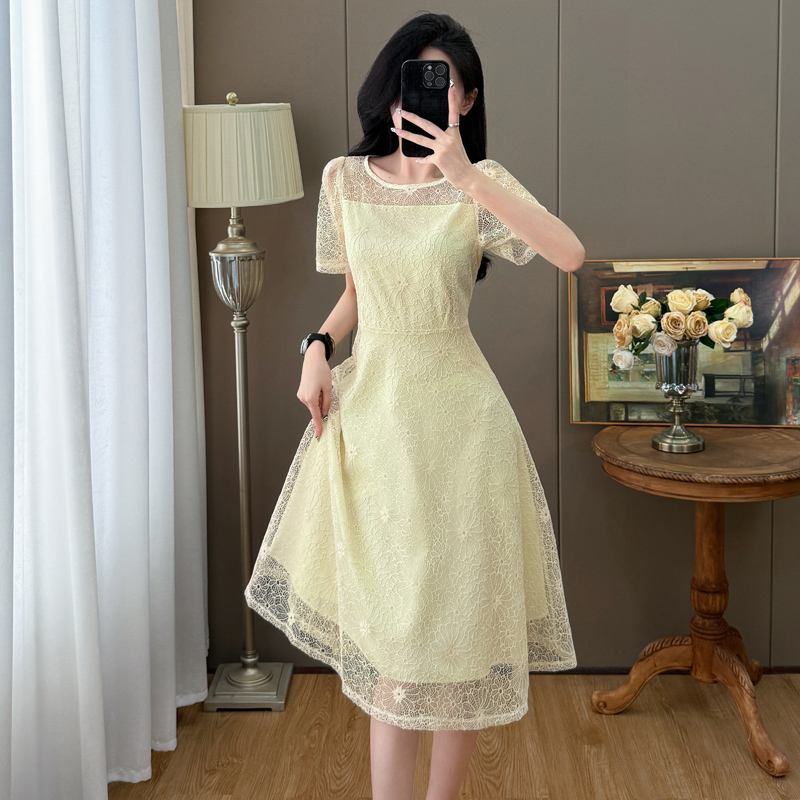 RY598# 新款微胖mm气质名媛高级拼接网纱丝绒连衣裙大码女装春季显瘦裙子