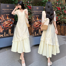批发口袋连衣裙女夏季小个子法式高级感气质收腰小众方领镂空蕾丝长裙