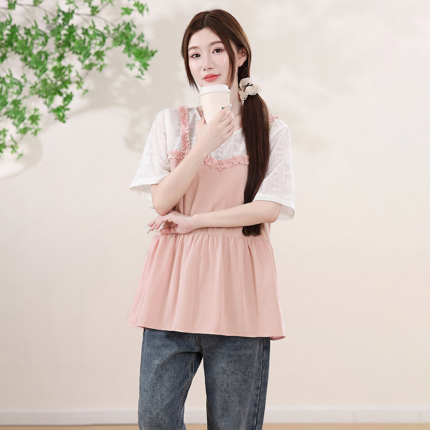 棉麻短袖上衣女夏新款多巴胺穿搭套装法式独特漂亮娃娃衫衬衫   服裝批發女裝批發服飾貨源