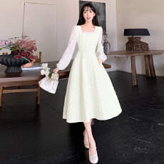 批发口袋拼接胖妹妹气质法式收腰方领长裙大码<b class='q'>女装</b>褶皱遮肚子订连衣裙