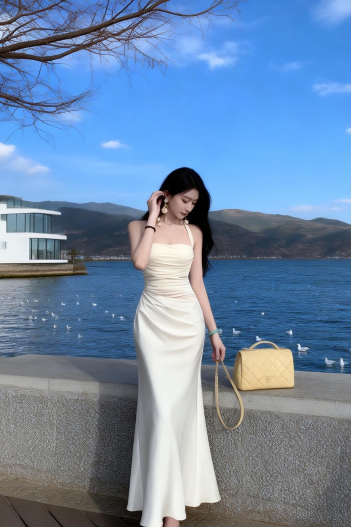 실사 망사 새틴 패치워크 행침 목 드레스 새로운 허리 수축 슬림해 보이는 타이트 스커트 예복 슬립 드레스