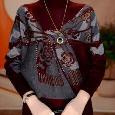 洋气时尚拼色长袖针织衫女2025秋冬新款宽松显瘦百搭烫钻上衣