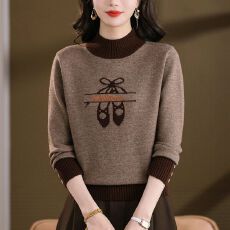 批发秋冬新款半高领芭蕾鞋刺绣针织衫短款内搭外穿打底<b class='q'>上衣</b>撞色毛衣女