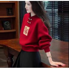 批发新中式国风盘扣白马时尚百搭<b class='q'>大码</b>针织毛衣秋冬时尚本命年马年上衣