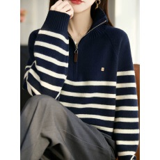 批发拉链半开领<b class='q'>条纹</b>针织<b class='q'>打底衫</b>女2025新款洋气大码女装上衣秋冬毛衣