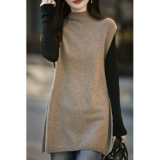 批发极简风半高领中长款纯羊毛<b class='q'>针织</b>马甲女宽松叠穿背心百搭毛衣坎肩潮