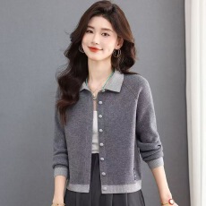 批发新款羊毛衫春秋季撞色翻领针织开衫<b class='q'>女装</b>短款小个子百搭毛衣外套潮