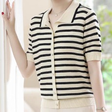 批发短袖t恤女洋气中老年妈妈<b class='q'>夏</b>装2026新款冰丝宽松上衣翻领薄款小衫